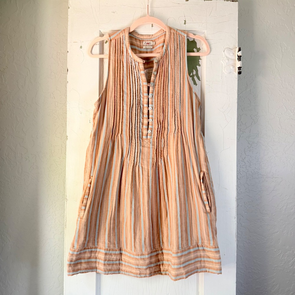 Faherty Organic Cotton Striped Pintuck Sleeveless Dress Small Peach Blue Mini